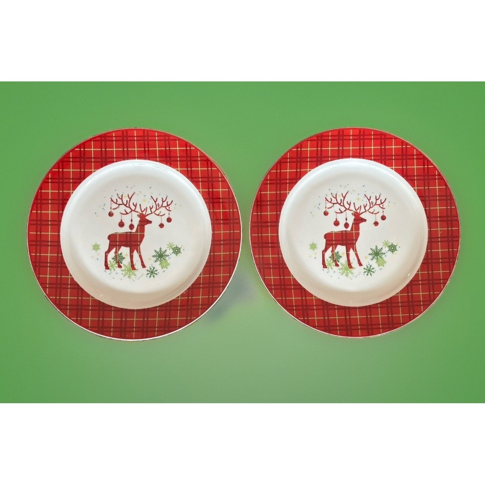 2 Canterbury Potteries Red Plaid Prancer 10.25" Dinner Plates Christmas Reindeer